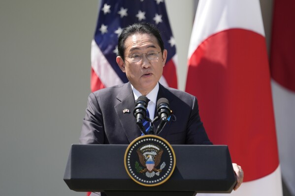 FILE - Japanese Prime Minister Fumio Kishida speaks during a news conference in the Rose Garden of the White House, April 10, 2024, in Washington. Fumio will head to Congress on Thursday, April 11, for an address to U.S. lawmakers meant to underscore the importance of keeping a strong partnership between the two countries at a time of tension in the Asia-Pacific. (AP Photo/Alex Brandon, File)