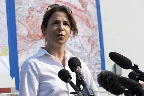 FILE- Commissioner of Public Lands Hilary Franz speaks at a press conference on Friday, Sept. 4, 2020 at Naches High School in Naches, Wash. Franz launched a campaign for governor on Wednesday, May 10, 2023. (Evan Abell/Yakima Herald-Republic via AP, File)