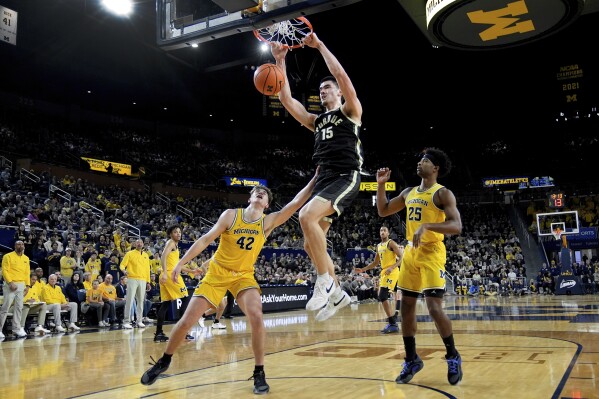 Purdue center Zach Edey (15) dunks on Michigan forward Will Tschetter (42) in the first half of an NCAA college basketball game in Ann Arbor, Mich., Sunday, Feb. 25, 2024. (AP Photo/Paul Sancya)