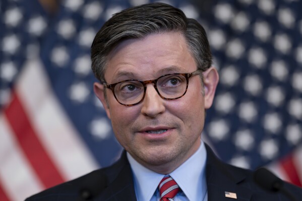 Speaker of the House Mike Johnson, R-La., meets with reporters to discuss GOP efforts to investigate President Joe Biden and his son Hunter Biden, at the Capitol in Washington, Wednesday, Nov. 29, 2023. (AP Photo/J. Scott Applewhite)