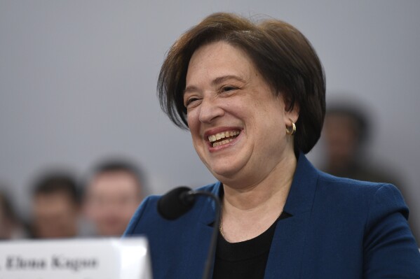 FILE - Supreme Court Justice Elena Kagan smiles as she sits down to testify before House Appropriations Committee on Capitol Hill in Washington, March 7, 2019. Records obtained by The Associated Press show that Supreme Court justices have attended publicly funded events at colleges and universities that allowed the schools to put the justices in the room with influential donors, including some whose industries have had interests before the court. (AP Photo/Susan Walsh, File)