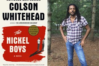 This combination photo shows the cover of the Pulitzer Prize winning novel "The Nickel Boys," left, and a portrait of author Colson Whitehead. Whitehead became the first fiction writer to win Pulitzer Prizes for back to back novels. “The Nickel Boys,”  his followup to “Underground Railroad,” won the Pulitzer in April and comes out in paperback this week. He also managed to finish a crime novel, with the working title “Harlem Shuffle,” that he began more than a year ago.  (Doubleday, left, and Madeline Whitehead/Doubleday via AP)