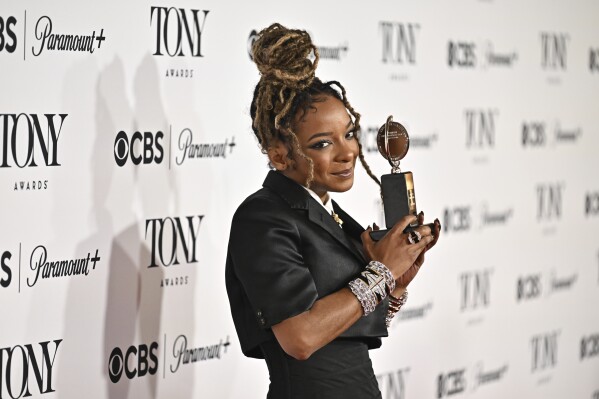 Kara Young poses in the press room with the award for best performance by an actress in a featured role in a play for "Purpose" during the 78th Tony Awards on Sunday, June 8, 2025, at Radio City Music Hall in New York. (Photo by Evan Agostini/Invision/AP)