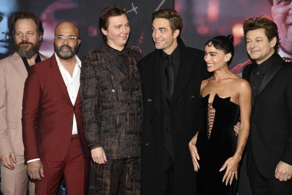 Peter Sarsgaard, from left, Jeffrey Wright, Paul Dano, Robert Pattinson, Zoe Kravitz, Andy Serkis attend the world premiere of "The Batman" at Lincoln Center Josie Robertson Plaza on Tuesday, March 1, 2022, in New York. (Photo by Evan Agostini/Invision/AP)