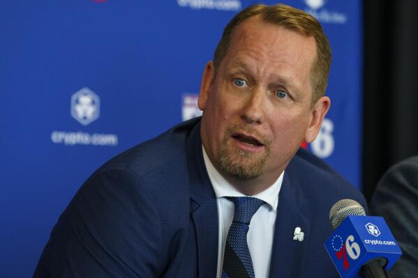 Philadelphia 76ers head coach Nick Nurse taking questions from the media during a press conference at the NBA basketball team's facility, Thursday, June 1, 2023, in Camden, N.J. (AP Photo/Chris Szagola)
