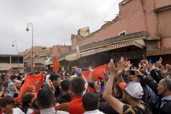 People displaced by the earthquake protest against lack of emergency assistance and worsening housing condition, in Amizmiz, outside Marrakech, Morocco, Tuesday, Oct. 24, 2023. (AP Photo/Youssef Mazouz)