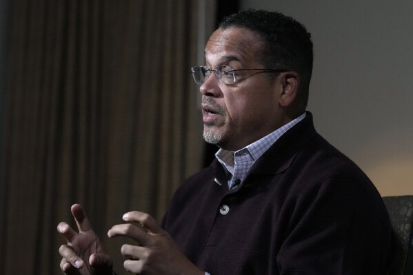 Keith Ellison, Attorney General of Minnesota, answers a question during an interview at the State Attorneys General Association meetings , Wednesday, Nov. 15, 2023, in Boston. In exclusive sit-down interviews with The Associated Press, several Black Democrat attorneys general discuss the role race and politics plays in their jobs. (AP Photo/Charles Krupa)