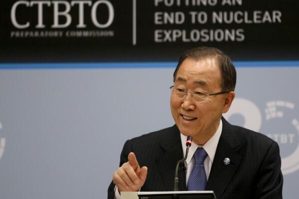 U.N. Secretary General Ban Ki-moon speaks during the 20th anniversary celebration of the Comprehensive Nuclear Test Ban Treaty Organization, CTBTO, at the UN headquarters in Vienna, Austria, Wednesday, April 27, 2016. (AP Photo/Ronald Zak)