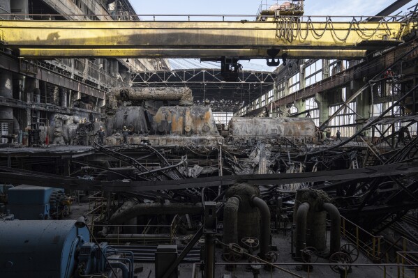 The destroyed DTEK's power plant following a Russian missile attack in Ukraine, on Tuesday, April 2, 2024. Russia is attacking Ukraine’s energy sector with renewed intensity and alarming accuracy, signaling to Ukrainian officials that Russia is armed with better intelligence and fresh tactics in its campaign to annihilate the country’s power generation capacity. (AP Photo/Evgeniy Maloletka)