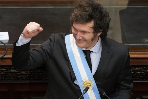 FILE - President Javier Milei addresses lawmakers during the opening legislative session in Buenos Aires, Argentina, Friday, March 1, 2024. Argentina and Colombia have agreed to end a diplomatic spat that escalated over right-wing Argentine President Javier Milei’s visceral attack on his leftist counterpart in Colombia last week, prompting the country to order the expulsion of Argentine diplomats. (AP Photo/Natacha Pisarenko, File)