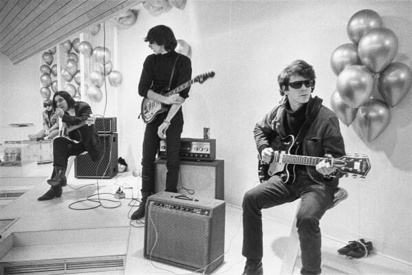 This image released by Apple TV+ shows Moe Tucker, John Cale, Sterling Morrison and Lou Reed from the documentary "The Velvet Underground." (Nat Finkelstein Estate/Apple TV+ via AP)