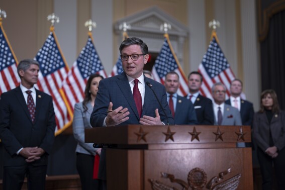 Speaker of the House Mike Johnson, R-La., joined by fellow Republicans, speaks during a news conference ahead of the State of the Union at the Capitol in Washington, Wednesday, March 6, 2024. (AP Photo/J. Scott Applewhite)