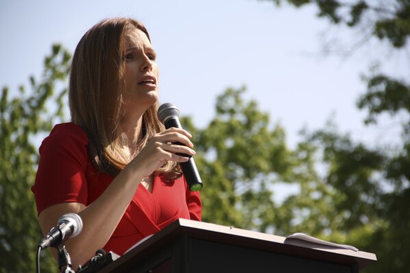 Democratic Associate Justice Allison Riggs speaks to protesters at a rally in Raleigh, N.C., on Monday, April 14, 2025. (AP Photo/Makiya Seminera)