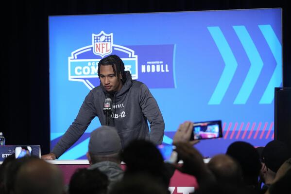 Ohio State quarterback CJ Stroud speaks during a news conference at the NFL football scouting combine in Indianapolis, Friday, March 3, 2023. (AP Photo/Darron Cummings)