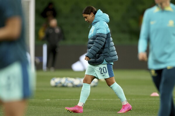Australia's Sam Kerr walks on the pitch before the Women's World Cup Group B soccer match between Australia and Canada in Melbourne, Australia, Monday, July 31, 2023. (AP Photo/Hamish Blair)