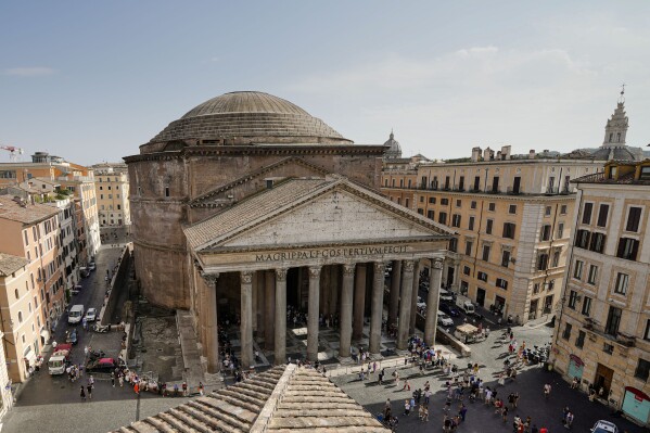Rome's Pantheon is seen on Monday, July 24, 2023. The structure was built under Roman Emperor Augustus between 27-25 B.C. to celebrate all gods worshipped in ancient Rome and rebuilt under Emperor Hadrian between 118 and 128 A.D. (AP Photo/Domenico Stinellis)