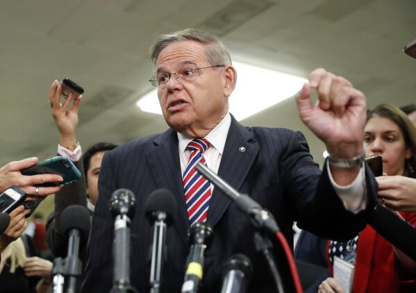 
              Sen. Bob Menendez, D-N.J., speaks to members of the media after leaving a closed door meeting about Saudi Arabia with Secretary of State Mike Pompeo, Wednesday, Nov. 28, 2018, on Capitol Hill in Washington.  (AP Photo/Pablo Martinez Monsivais)
            