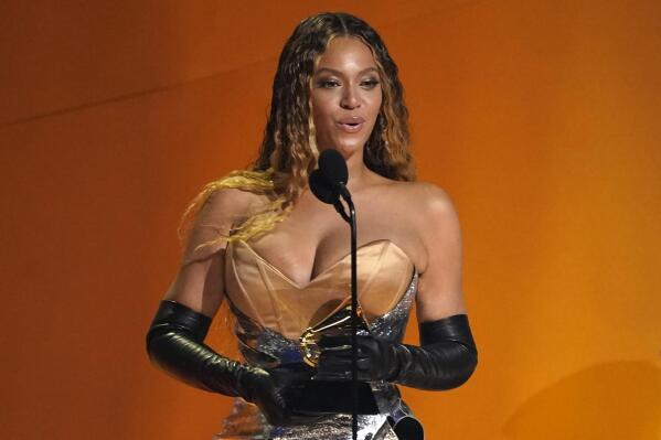 FILE - Beyonce accepts the award for best dance/electronic music album for "Renaissance" at the 65th annual Grammy Awards on Feb. 5, 2023, in Los Angeles. Tickets for Beyoncé’s “Renaissance” world tour which kicks off in Stockholm in May have been sold out “after a high ticket pressure." A new second concert in the Swedish capital was announced Tuesday when the sale started. The concerts are part of her highly anticipated tour and it was her first single tour in five years. (AP Photo/Chris Pizzello)