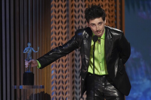 Timothee Chalamet accepts the award for outstanding performance by a male actor in a leading role for 