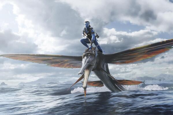 This image released by 20th Century Studios shows Jake Sully, portrayed by Sam Worthington, in "Avatar: The Way of Water." (20th Century Studios via AP)