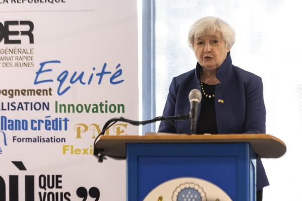 U.S. Treasury Secretary Janet Yellen delivers a speech to the General Delegation for Rapid Entrepreneurship of Women and Youth in Dakar, Senegal, Friday Jan. 20, 2023. The Biden administration's big push to engage more with Africa is underway as Yellen begins a 10-day visit aimed at promoting all the economic possibilities that lie between the U.S. and the world's second-largest continent. (AP Photo/Stefan Kleinowitz)