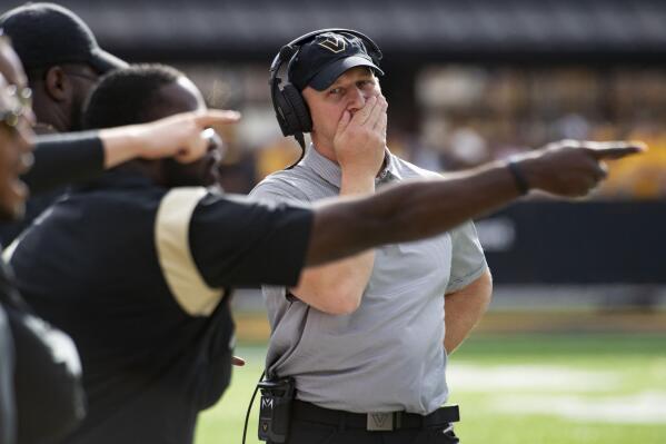 Vanderbilt head coach Clark Lea reacts to a penalty during the first quarter of an NCAA college football game against Missouri, Saturday, Oct. 22, 2022, in Columbia, Mo. (AP Photo/L.G. Patterson)
