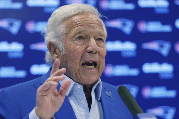 New England Patriots owner Robert Kraft answers a question during a media availability, Monday, Jan. 6, 2025, in Foxborough, Mass. (AP Photo/Charles Krupa)