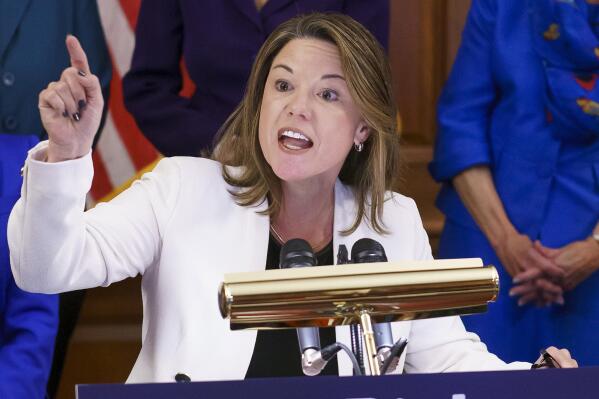 FILE - Rep. Angie Craig, D-Minn., speaks during an event at Capitol in Washington, July 20, 2022. Craig was assaulted in her Washington apartment building on Thursday, Feb. 9, 2023, her chief of staff said, but added that there was no evidence that the attack was politically motivated.(AP Photo/J. Scott Applewhite, File)
