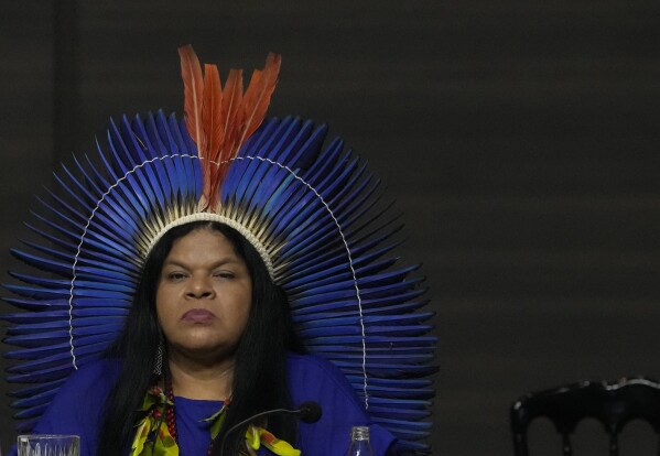 Indigenous Peoples Minister Sonia Guajajara attends the Amazon Summit at the Hangar Convention Center in Belem, Brazil, Wednesday, Aug. 9, 2023. Belem is hosting the Amazon Cooperation Treaty Organization that is meeting to chart a common course for protection of the bioregion and to address organized crime. (AP Photo/Eraldo Peres)