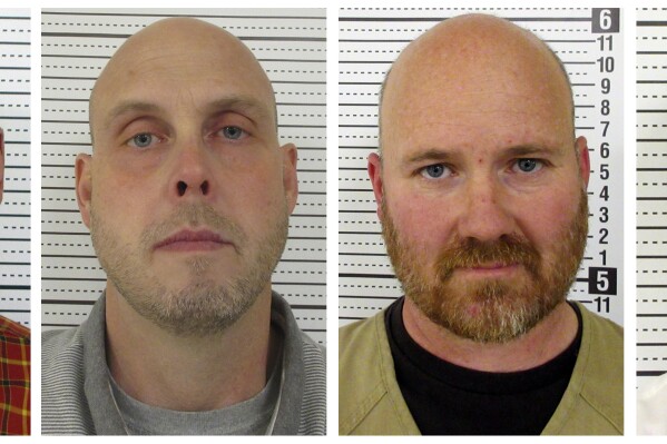 This combo of images released by the McKenzie County, N.D., Correctional Facility show, from left, Mark McGregor, Michael Garcia, Darrell Merrell and Joseph Vandewalker. The four men have all pleaded guilty in a scheme to steal millions of dollars worth of crude oil in western North Dakota. Merrell was sentenced Thursday, Sept. 14, 2023. Garcia, McGregor and Vandewalker were sentenced in past months. The sentences for the men range from nearly a year in jail to several years in prison, followed by supervised probation. Each of them must also pay $200,000 restitution. (McKenzie County Correctional Facility via AP)