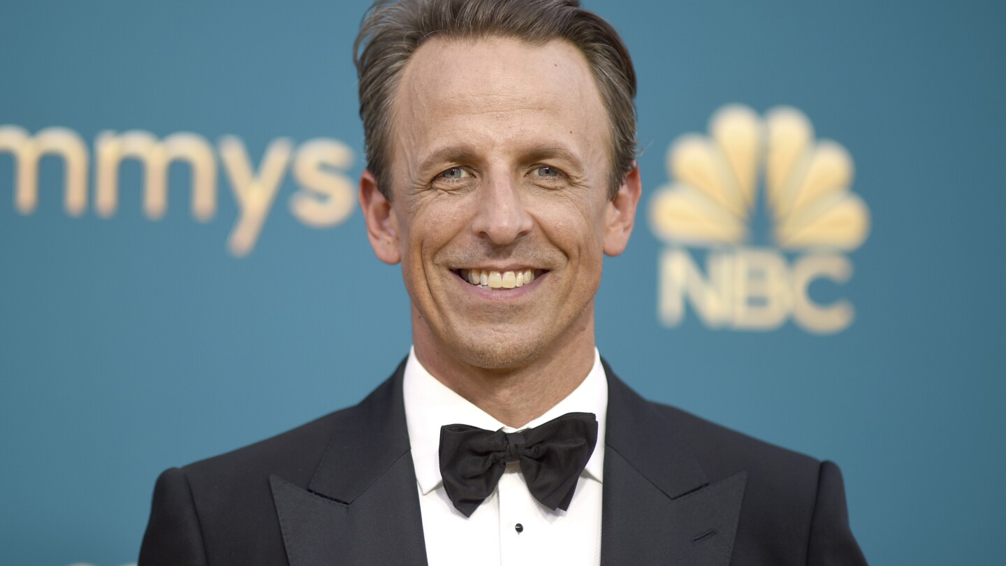 FILE - Seth Meyers arrives at the 74th Primetime Emmy Awards on Monday, Sept. 12, 2022, in Los Angeles. Meyers celebrates his tenth year hosting "Late Night with Seth Meyers." (Photo by Richard Shotwell/Invision/AP, File)