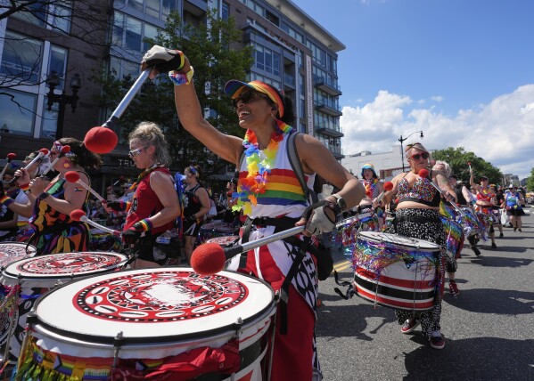 Members of Batalá Washington D.C. perform during the World Pride parade, Saturday, June 7, 2025, in Washington. (AP Photo/Alex Brandon)
