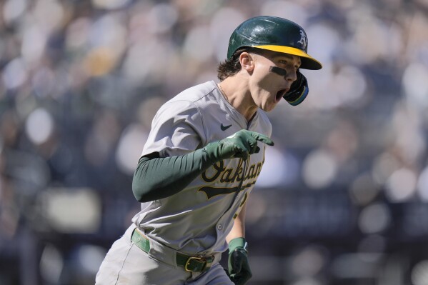 Oakland Athletics' Zack Gelof reacts after hitting a two-run home run during the ninth inning of the baseball game against the New York Yankees at Yankee Stadium Monday, April 22, 2024, in New York. (AP Photo/Seth Wenig)