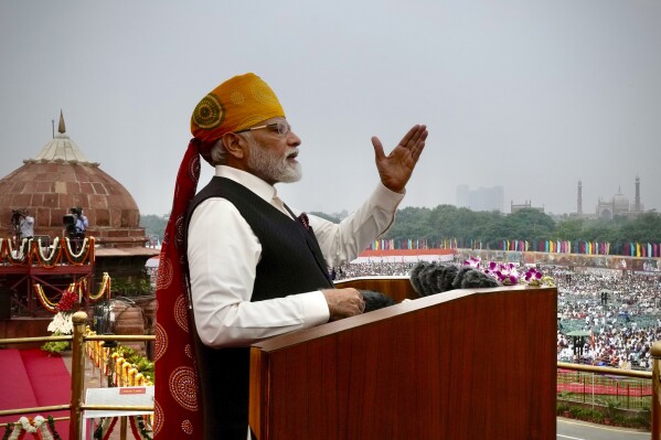 Indian Prime Minister Narendra Modi speaks from the ramparts of the Red Fort monument on Independence Day in New Delhi, India, Tuesday, Aug.15, 2023. (AP Photo/Manish Swarup)