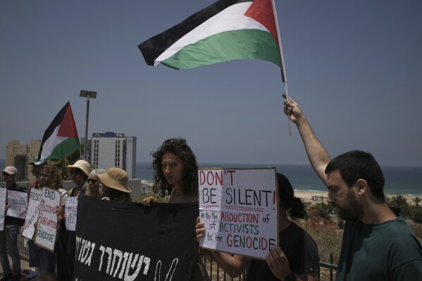 People wave the Palestinian flag and hold signs in support of Greta Thunberg and other activists who tried to deliver aid to Gaza before their ship was seized and they were detained by Israeli forces, near the port of Ashdod, Israel, Monday, June 9, 2025. (AP Photo/Leo Correa)