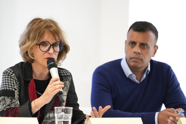 EMBARGOED UNTIL 00.01 UTC APRIL 24,2024 Agnes Callamard, Secretary General of Amnesty International, speaks alongside Sacha Deshmukh, Amnesty International's UK Chief Executive at a press conference in London, ahead of the launch of 'The State of the World's Human Rights', its annual report on the global human rights situation, Tuesday, April 23, 2024. The report will be published on Wednesday April 24, covering 155 countries and including regional and global analyses, it provides the most comprehensive overview of human rights trends and developments in the world today. (AP Photo/Kirsty Wigglesworth)