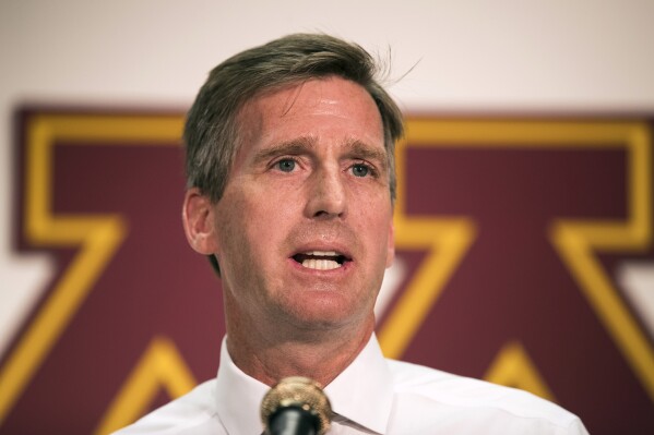 In this Sept. 7, 2016, file photo, University of Minnesota athletics director Mark Coyle speaks during a press conference, at the Sports Arena in Minneapolis. (Leila Navidi/Star Tribune via AP)