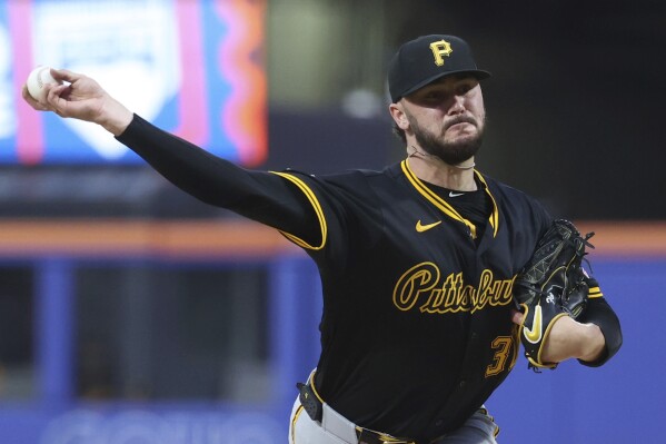 Pittsburgh Pirates pitcher Paul Skenes throws during the second inning of a baseball game against the New York Mets, Monday, May 12, 2025, in New York. (AP Photo/Pamela Smith)