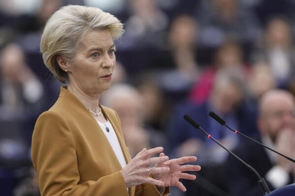 President of the European Commission Ursula Von der Leyen delivers her speech during a debate preparing the next European Council meeting, Wednesday, March 15, 2023 in Strasbourg, eastern France. (AP Photo/Jean-Francois Badias)