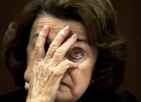 FILE - U.S. Sen. Dianne Feinstein, D-Calif., gestures during the confirmation hearing of the Supreme Court nominee, Judge Samuel Alito, on Capitol Hill in Washington, Wednesday, Jan. 11, 2006. (AP Photo/Gerald Herbert, File)