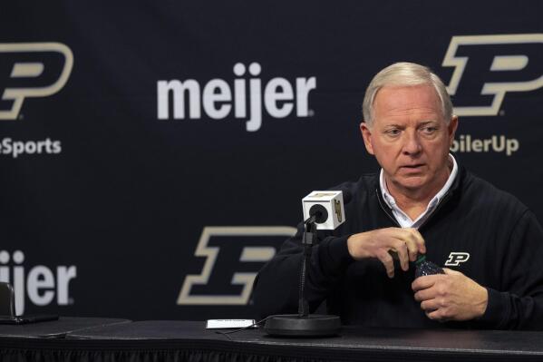 Purdue University Director of Athletics Mike Bobinski addresses the football head coach position opening during a press conference, Thursday, Dec. 8, 2022, at Mackey Arena in West Lafayette, Ind.(Alex Martin/Journal & Courier via AP)