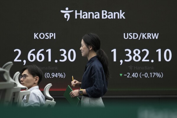 Currency traders work near the screen showing the Korea Composite Stock Price Index (KOSPI), left, and the foreign exchange rate between U.S. dollar and South Korean won at the foreign exchange dealing room of the KEB Hana Bank headquarters in Seoul, South Korea, Monday, June 3, 2024. (AP Photo/Ahn Young-joon)