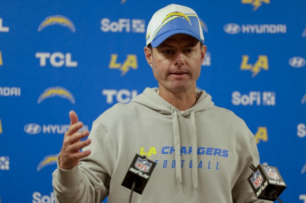 Los Angeles Chargers head coach Brandon Staley speaks to reporters following an NFL football game against the Green Bay Packers, Sunday, Nov. 19, 2023, in Green Bay, Wis. The Packers won 23-20. (AP Photo/Matt Ludtke)