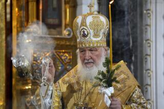 FILE - Russian Orthodox Patriarch Kirill delivers the Christmas Mass in the Christ the Saviour Cathedral in Moscow, Russia, Thursday, Jan. 6, 2022. (AP Photo/Alexander Zemlianichenko, File)