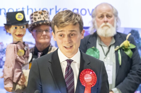 By-election winner and Labour Party candidate Keir Mather speaks at Selby Leisure Centre in Selby, England, Friday, July 21, 2023, after the results were given for the Selby and Ainsty by-election. (Danny Lawson/PA via AP)