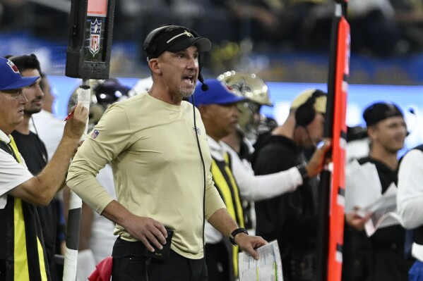 New Orleans Saints head coach Dennis Allen reacts on the sideline in the second half of an NFL football game against the Los Angeles Chargers in Inglewood, Calif., Sunday, Aug. 20, 2023. (AP Photo/Alex Gallardo)