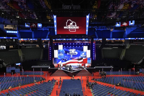 A general view during rehearsals at the 2024 Republican National Convention at the Fiserv Forum, Sunday, July 14, 2024, in Milwaukee. (AP Photo/Paul Sancya)