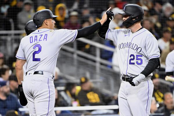 Colorado Rockies' C.J. Cron, right, gets congratulations from Yonathan Daza after hitting a three-run home run against the San Diego Padres during the fifth inning of a baseball game in San Diego, Thursday, March 30, 2023. (AP Photo/Alex Gallardo)