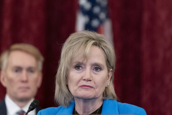 FILE - U.S. Sen. Cindy Hyde-Smith, R-Miss., speaks to media, Wednesday, Oct. 18, 2023, on Capitol Hill in Washington. A shooting took place Sunday, Oct. 22, near the Mississippi home of Hyde-Smith, state investigators announced Monday, Oct. 23. (AP Photo/Stephanie Scarbrough, File)