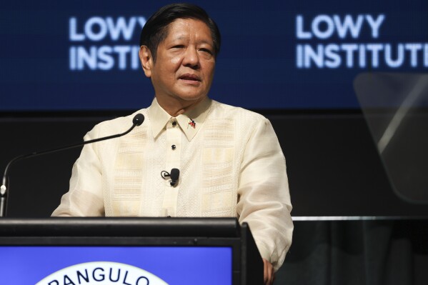 The President of the Philippines Ferdinand Marcos Jr. addresses the Lowy Institute during the ASEAN-Australia Special Summit in Melbourne, Australia, Monday, March 4, 2024. (AP Photo/Hamish Blair)